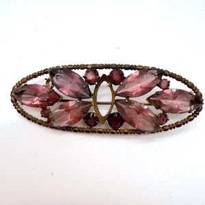 Vintage Purple Navette Rhinestone Brooch Gold Tone Oval Frame Mid Century